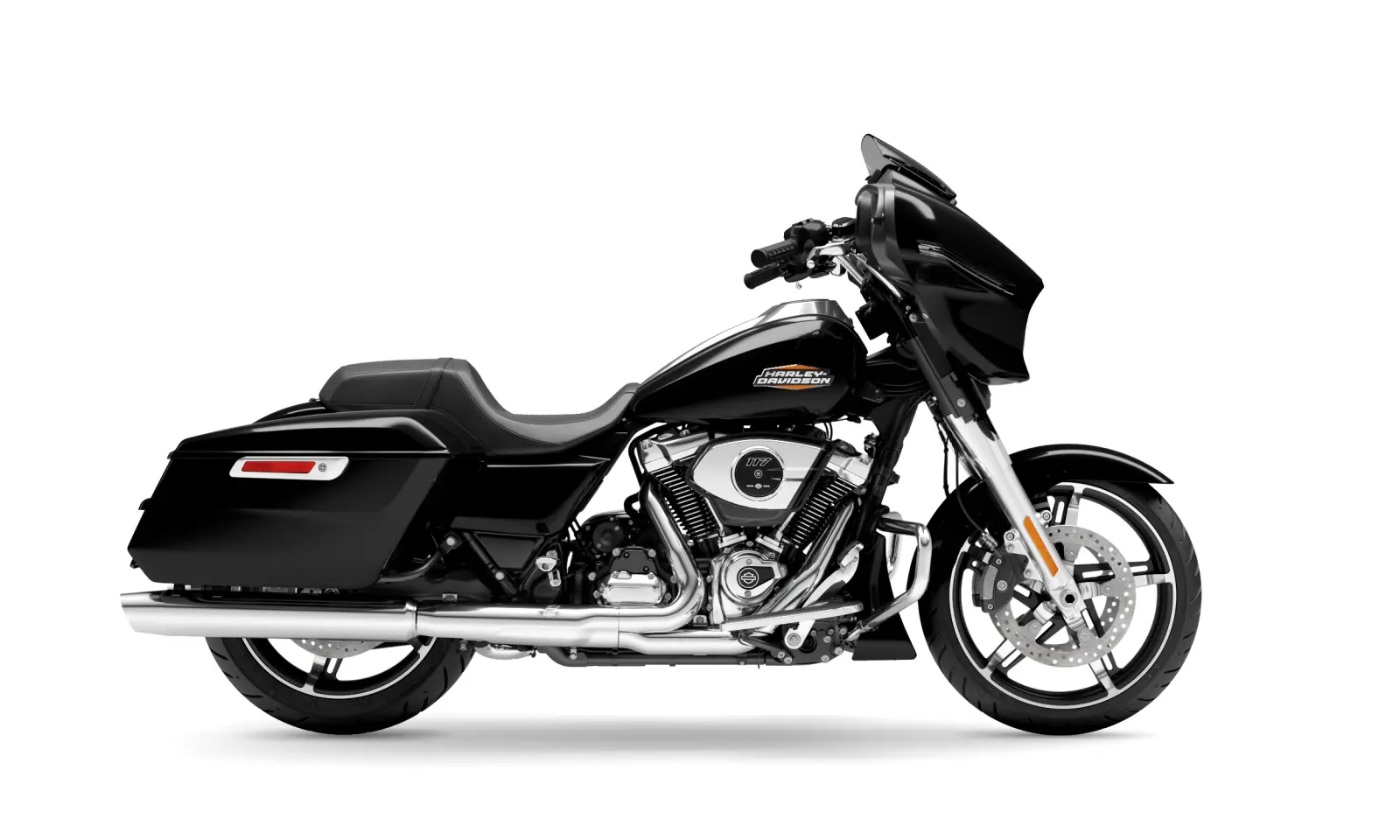 Side profile of a glossy black Harley-Davidson Street Glide motorcycle with chrome accents and hard saddlebags, isolated on a solid white background.
